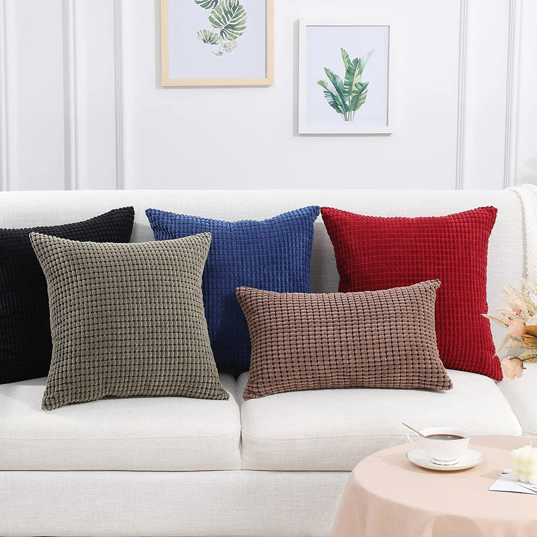Corduroy boho striped pillow covers on couch
