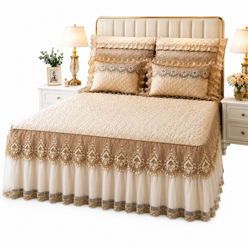 Decorative bedspread with lace details on a bed in a bedroom setting.
