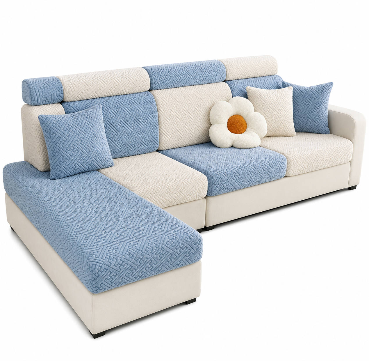 Blue and beige sectional sofa with decorative pillows on a white background