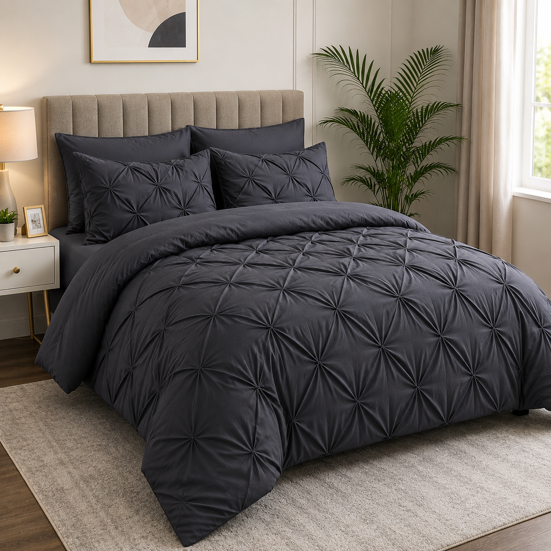 Neatly made bed with white bedding, pillows, and a lamp on a nightstand.