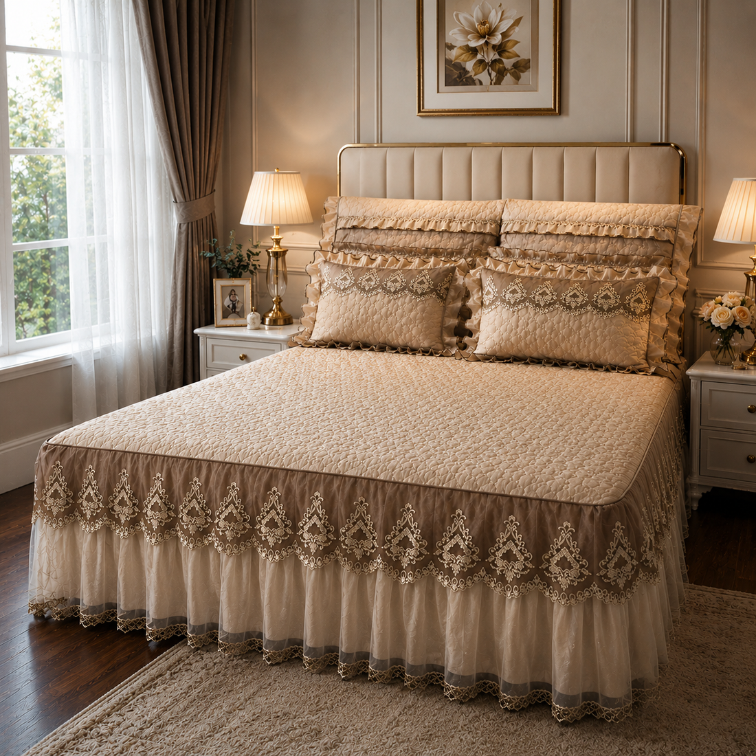 Decorative bedspread with lace details on a bed in a bedroom setting.