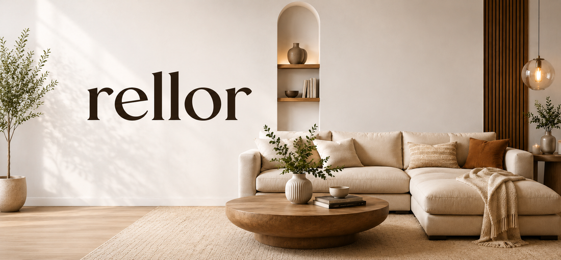Rellor brand banner featuring a modern beige living room with a luxury sectional sofa, wooden coffee table, decorative plants, warm lighting, and minimalist home decor design.