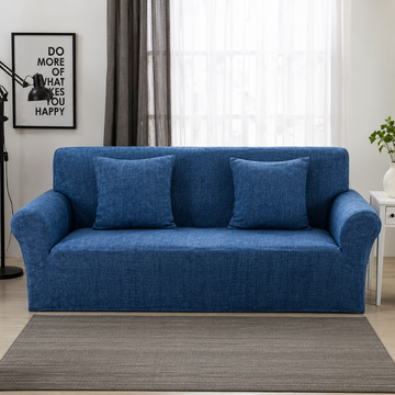 Blue stretch sofa slipcover covering a two-seat couch with matching cushion covers, soft elastic fabric furniture protector for living room home decor.