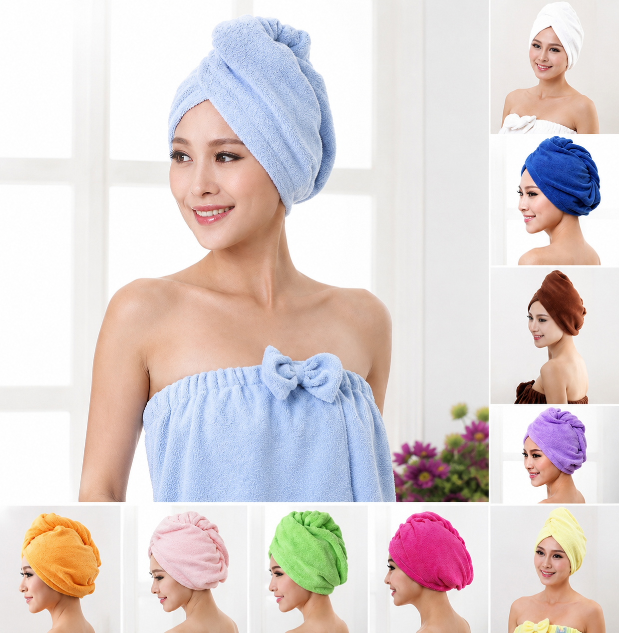 Woman wearing a blue towel with multiple color options displayed around her.