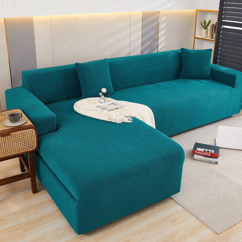 Blue sectional sofa with a close-up of the fabric texture and color swatches below.
