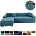 Blue sectional sofa with a close-up of the fabric texture and color swatches below.