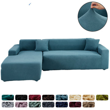 Blue sectional sofa with a close-up of the fabric texture and color swatches below.