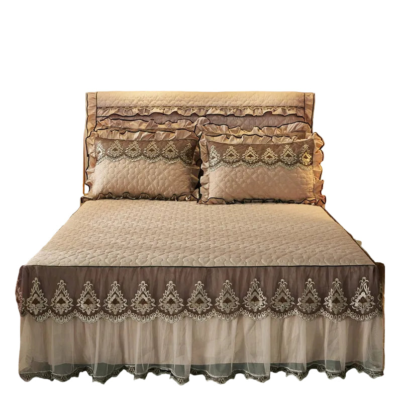 Quilted lace bed skirt on modern bed