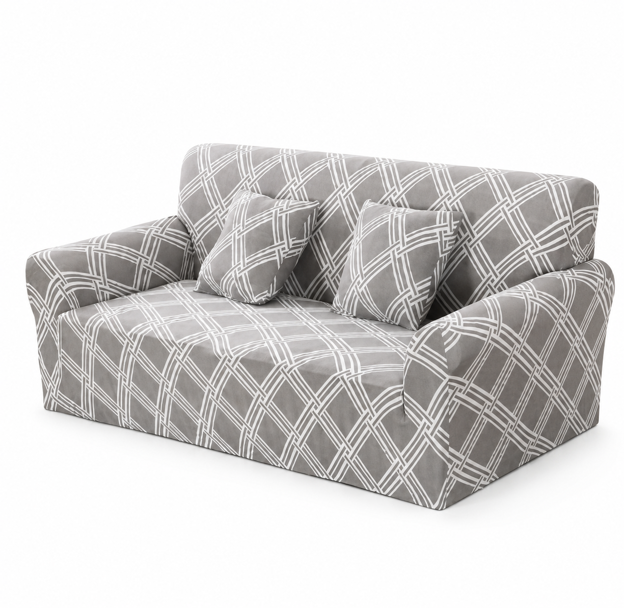 Gray and white checkered sofa with cushions on a white background