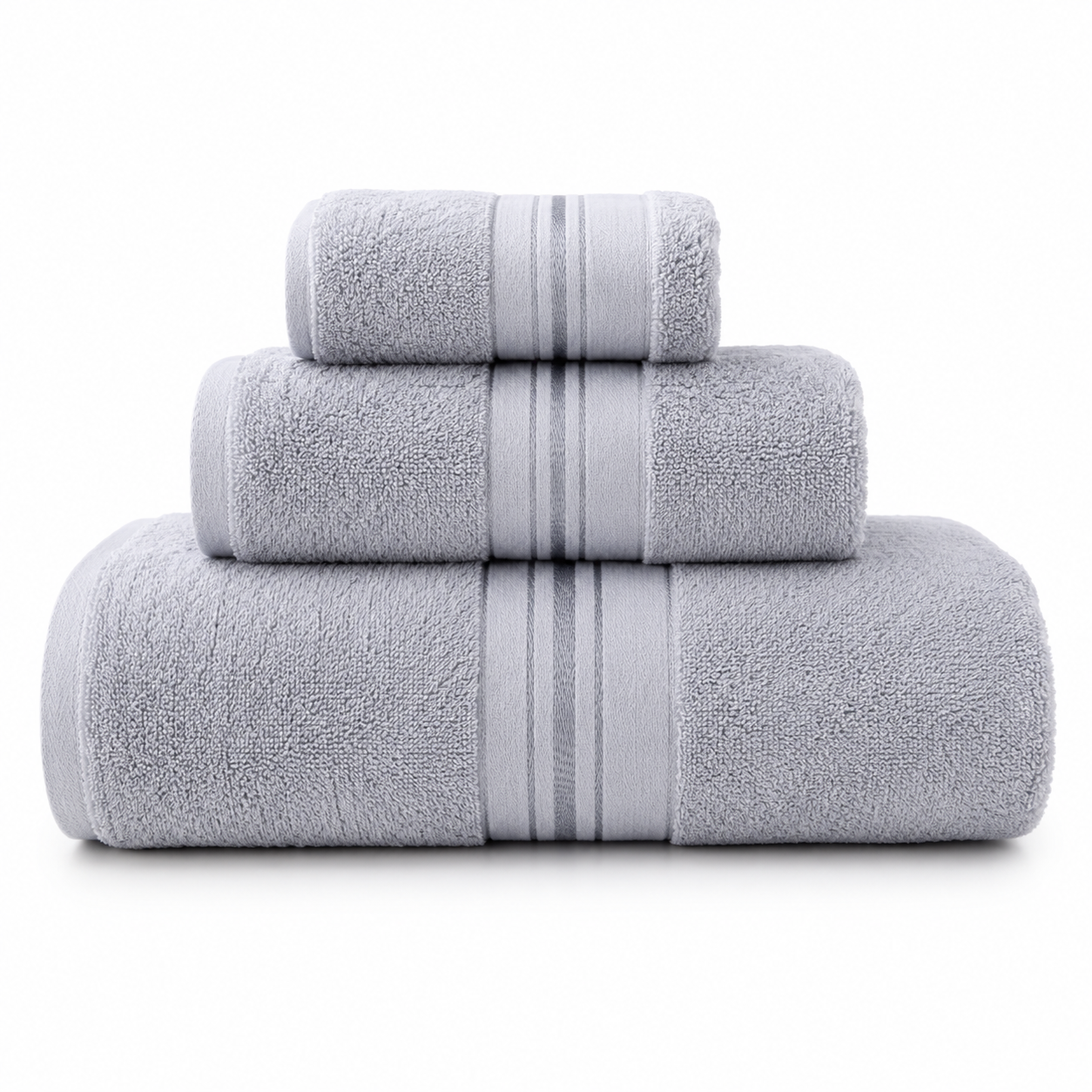 Set of three gray towels with striped patterns on a white background