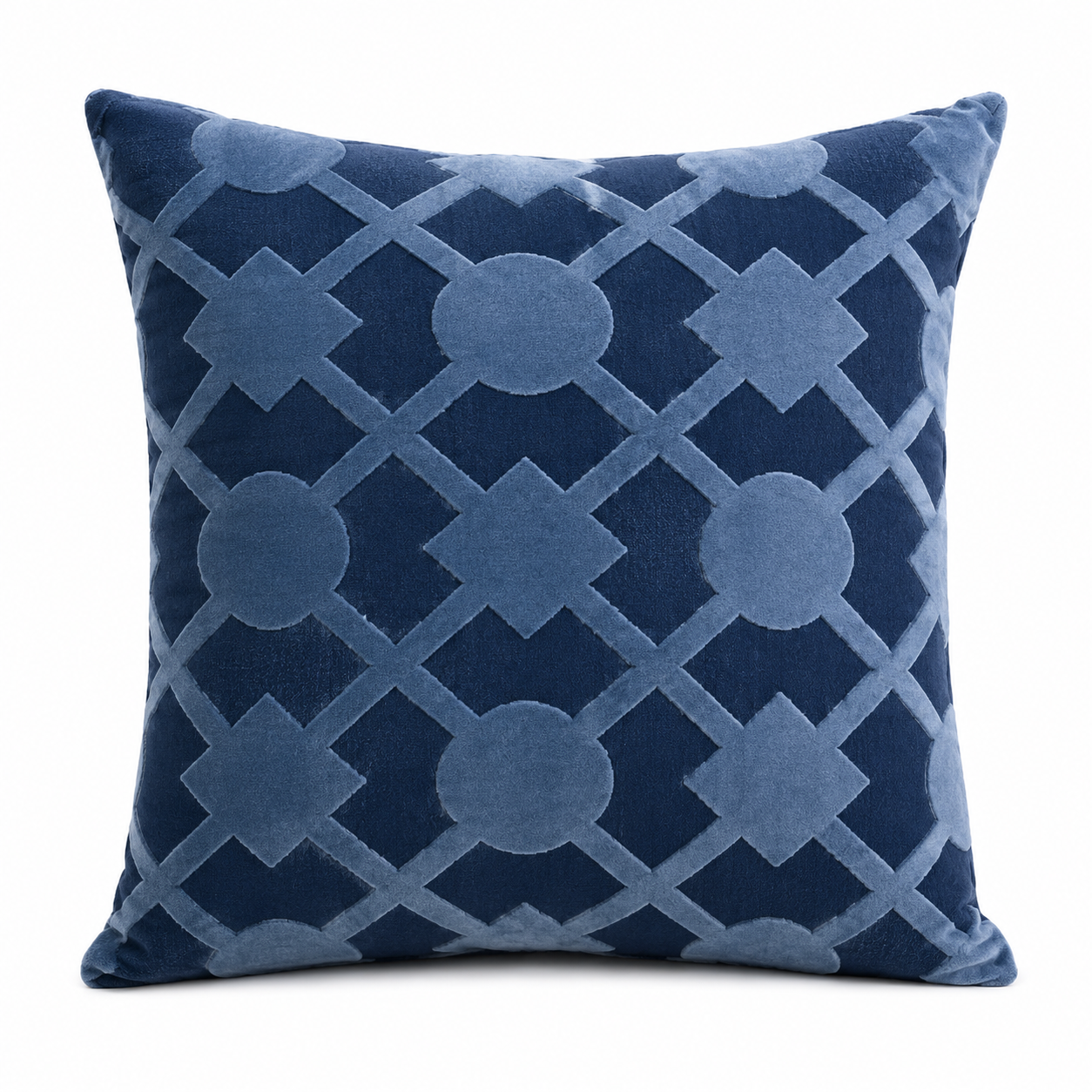 Blue patterned pillow on a white background